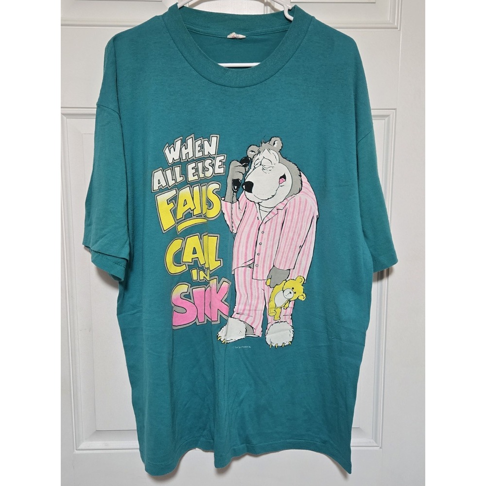 When All Else Fails…Call In Sick Bear Cartoon Sz XL Shirt Teal Blue Sun Sports
